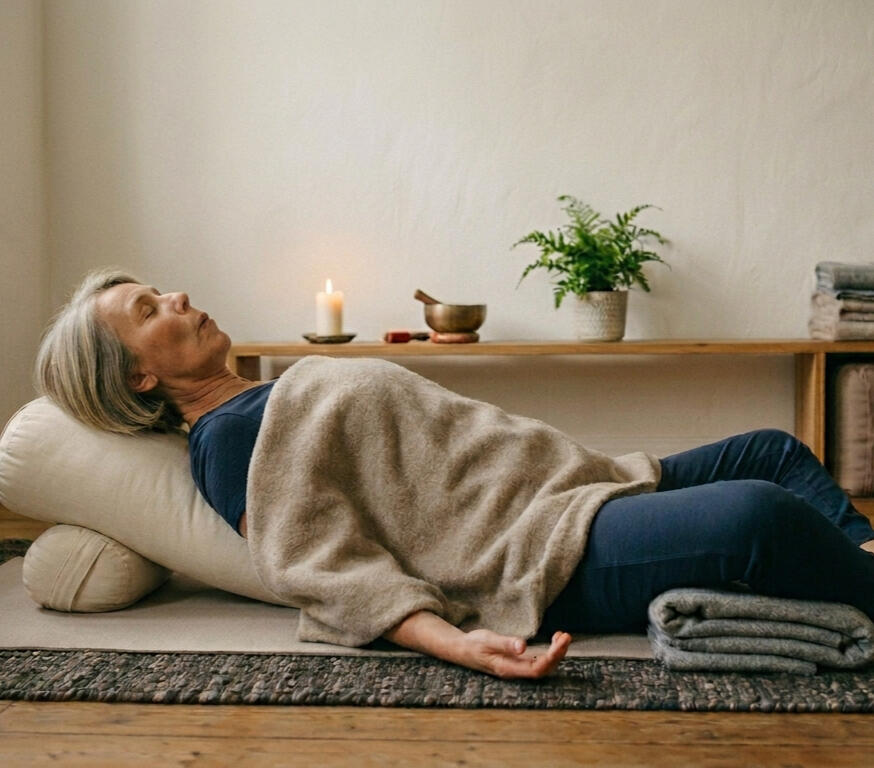 Embody with Angela woman in bound angle restorative yoga postures in mediation room